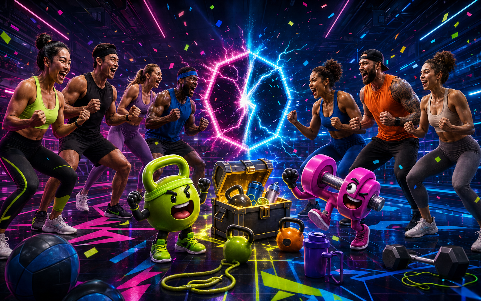 FitSmash athletes celebrating around a glowing reward chest in a neon arena
